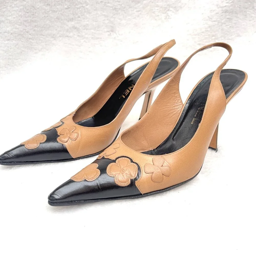 Rare! Auc CHANEL Two tone Flowers Slingback Heels IT 7,5 US 7,5